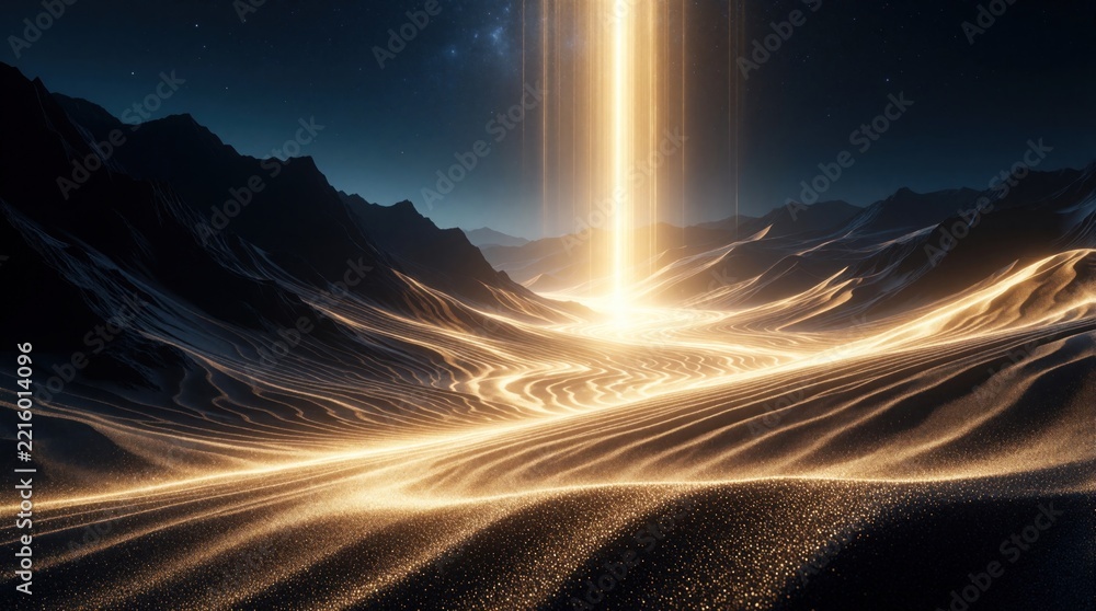 Fototapeta premium Bright beam of light shines over digital sand valley in dark night landscape. Glowing golden energy rays illuminate desert dunes, mountains. Abstract tech background shows futuristic cyber space with
