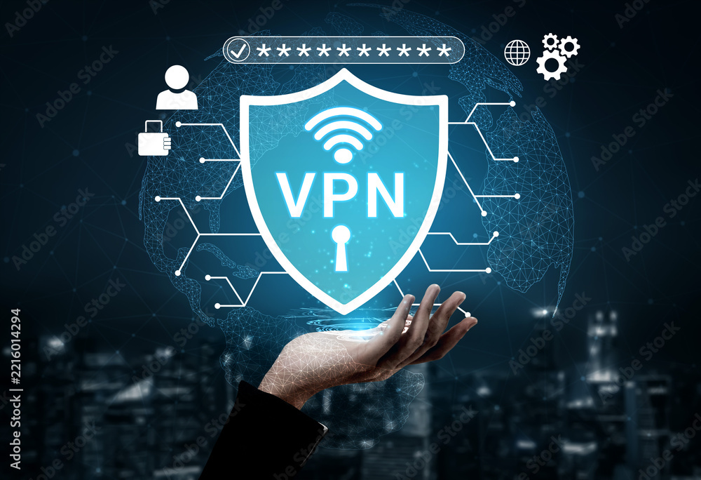Fototapeta premium Modern Digital Security Concept with VPN Symbol in Protection Shield Over Cityscape Background and Network Graphics for Cybersecurity and Data Privacy Haptic.