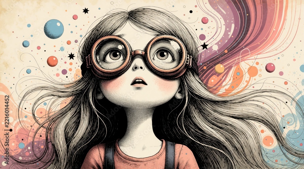 Fototapeta premium Whimsical young girl wearing large goggles looks up at cosmic sky. Surreal fantasy illustration features dreamy abstract universe with colorful bubbles, stars, swirls. Childlike character explores