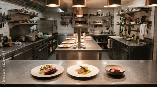 Gourmet dishes prepared on a stainless steel pass in a professional restaurant kitchen.
