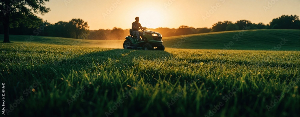 Naklejka premium Man drives riding lawn mower across large green grass field at golden sunset. Male worker performs garden maintenance in rural landscape. Silhouette of person operating machinery during warm summer