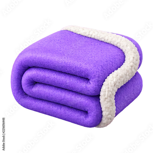 Folded purple fleece blanket with white sherpa lining isolated on a clean white background