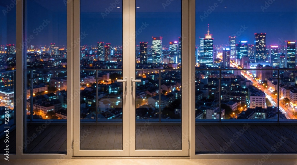 Fototapeta premium Modern glass balcony doors open to urban city skyline at night. Luxury apartment terrace overlooks bright metropolitan lights, skyscrapers. Dark evening view with bokeh effect shows glowing
