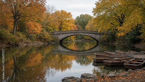 Autumn lake bridge reflection with empty rowboats docked