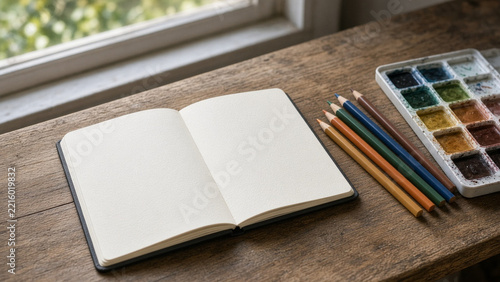 Open sketchbook with colored pencils and paints