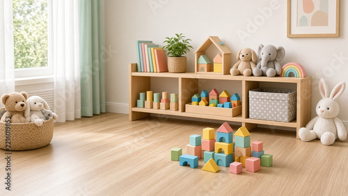 Pastel kids playroom with wooden toys and blocks