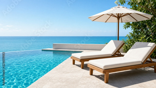 Pool lounge chairs and umbrella by turquoise water
