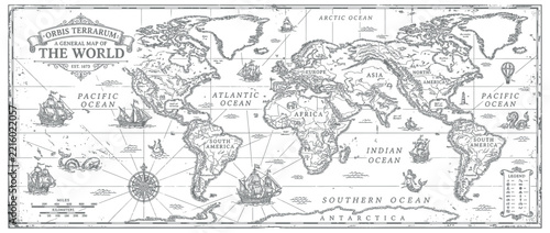 Vintage World Map Illustration with Sailing Ships