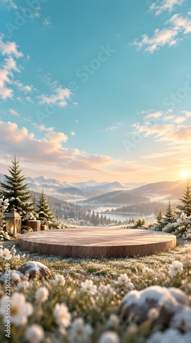 Winter Landscape Featuring a Circular Wooden Platform in Snow.  suitable for christmas.	