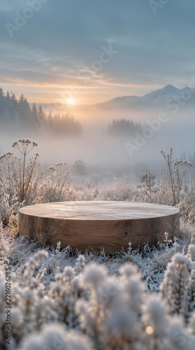 Winter Sunrise Over Frosty Meadow With Misty Fog.  suitable for christmas.	