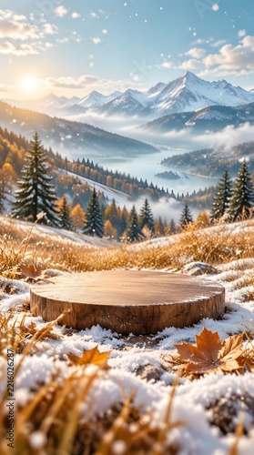 Winter Sunrise Over Snow Covered Valley with Bench.  suitable for christmas.	