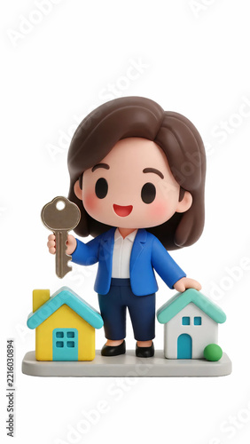 Miniature female real estate agent character holding key to small house on white background