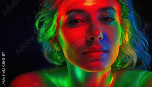Close-Up Portrait of Woman with Colorful Neon Lights