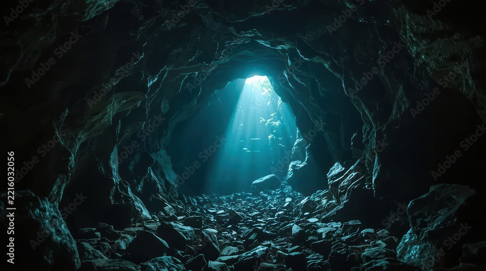 Fototapeta premium Mysterious cave tunnel with turquoise light and rocky passage