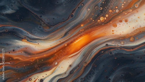 Abstract Liquid Acrylic Pour Painting with Flowing Orange Lava and Dark Slate Fluid Waves