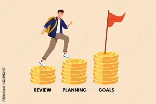 A businessman standing on coins while reviewing plans and setting financial goals.End of year budgeting business review concept. Colored flat graphic vector ilustration isolated