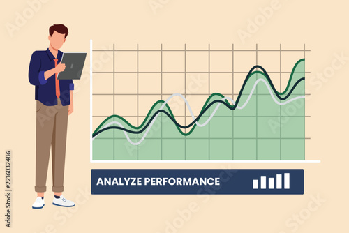 A professional analyzing business performance using a growth chart.End of year budgeting business review concept. Colored flat graphic vector ilustration isolated