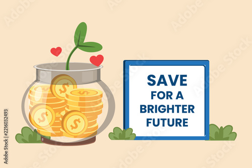 A savings jar filled with coins representing financial preparation and future security.End of year budgeting business review concept. Colored flat graphic vector ilustration isolated