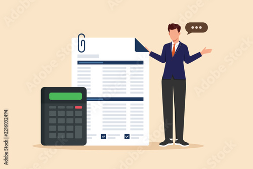 A professional managing financial documents, calculations, and business records.End of year budgeting business review concept. Colored flat graphic vector ilustration isolated