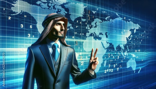 Middle Eastern businessman in suit with digital world map background