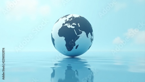 Blue Globe Floating Above Reflective Water Surface