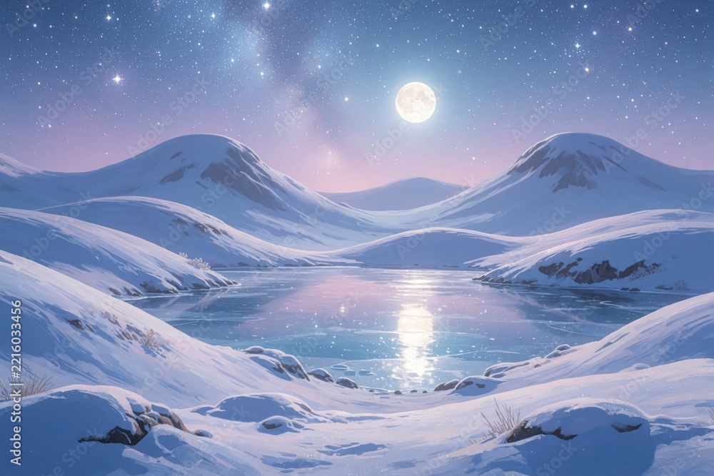Fototapeta premium Dreamy digital painting of snowy mountain landscape under bright full moon. Calm frozen lake reflects starlight, night sky. Peaceful winter scenery with soft pastel colors, milky way galaxy above