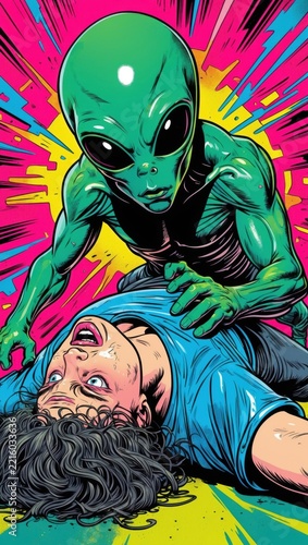 Comic Style Alien Abduction Scene with Man on Ground