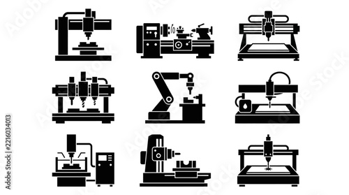 CNC machine and industrial manufacturing icon collection.