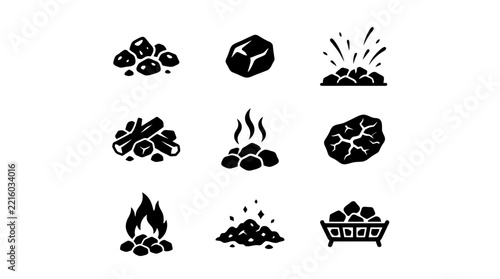 Coal mining and charcoal fuel industry icons.