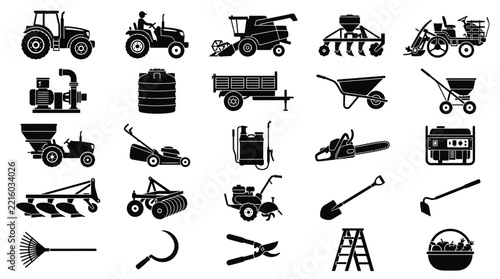 Collection of farm and garden tools.