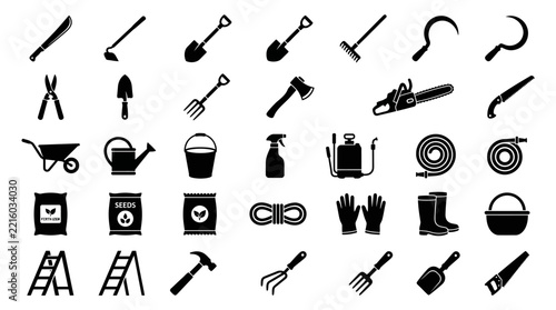 Collection of gardening tools icons.
