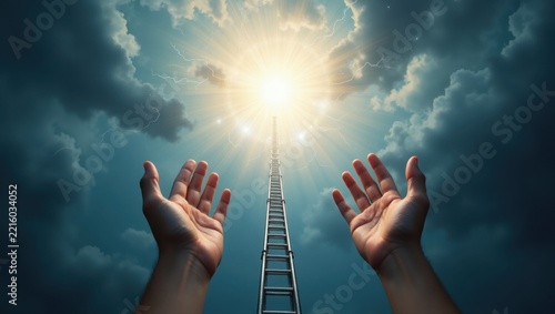 Hands Reaching Ladder Leading to Bright Light in Cloudy Sky