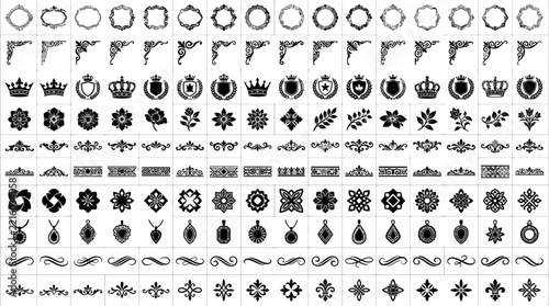 Collection of ornate royal crowns and symbols.