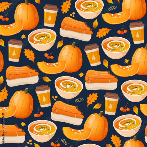 Cozy Autumn Seamless Pattern with Pumpkin Spice Latte, Pumpkin Soup, Knitted Blanket and Fall Leaves on Dark Navy Background, Hygge Seasonal Print for Fabric, Textile, Wallpaper, Wrapping Paper etc