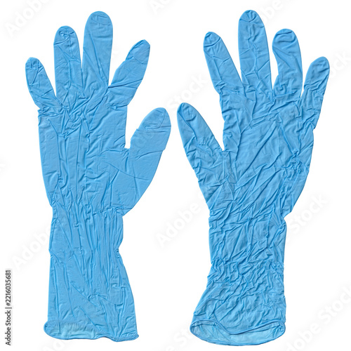 A pair of blue latex medical gloves isolated on transparent background, cut out