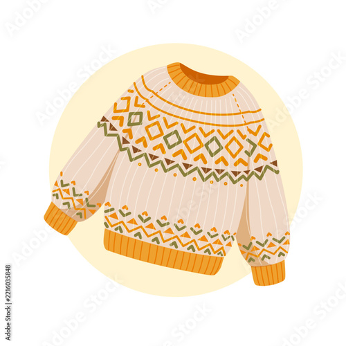 Cozy Knitted Sweater Vector Icon, Warm Nordic Pullover in Hand Drawn Doodle Line Art with Geometric Pattern and Offset Color Fill, Autumn Winter Knitwear Clipart Isolated on White Background.