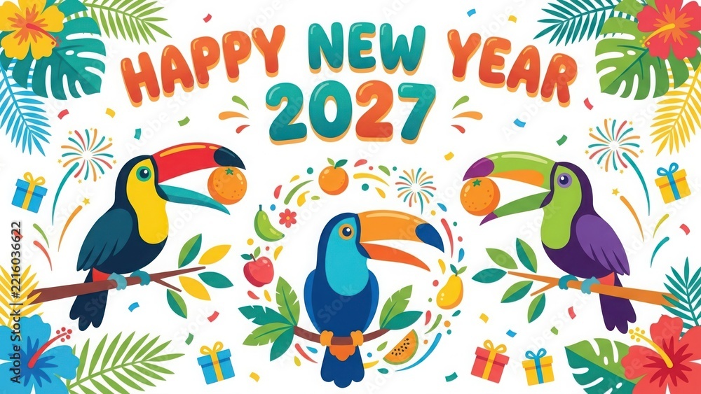 Fototapeta premium Happy new year 2027 greeting card design with colorful tropical toucan birds and flowers