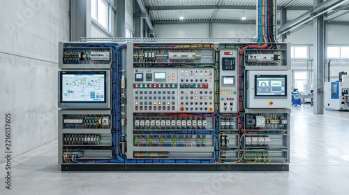 A wide, clean-angle photograph of complex electrical panels with wiring, buttons, switches, and screens in a factory environment, electronics, power, wiring