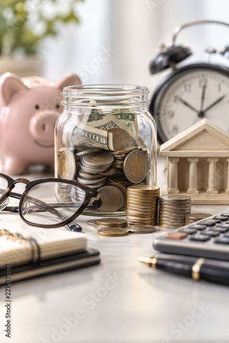 Retirement Savings and Financial Planning for Future Wealth Security, featuring Money Jar, Coins, Currency, and Bank Fund Investment.