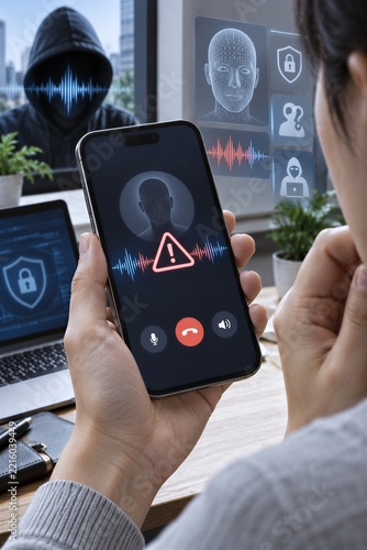 Advanced Artificial Intelligence Voice Detection Warning displayed on a Smartphone Screen during a Call, emphasizing Deepfake Scam and Fraud Prevention.