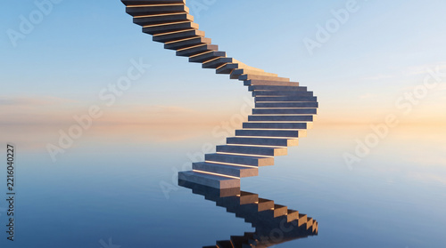 Surreal Illuminated Spiral Staircase Leading to the Sky Over Calm Water at Sunrise