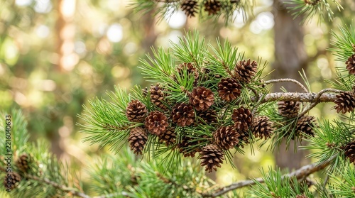 Mature brown pine cones cluster thickly among vibrant green needles on the branch of a coniferous tree in a close-up, natural forest view, landscape, coniferous, rural