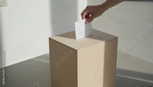 Voter casting ballot into wooden box during election