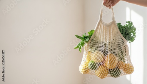 Reusable String Bag Filled with Fresh Organic Produce