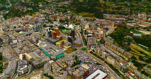 Aerial view of Andorra la Vella, the capital of the small state of Andorra, situated in the Pyrenees mountains in a picturesque mountain valley