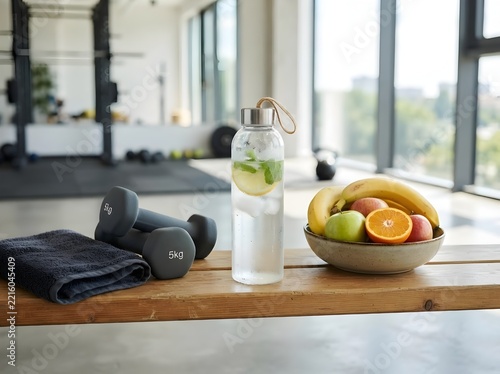 Water bottle and fresh fruit bowl beside dumbbells in gym