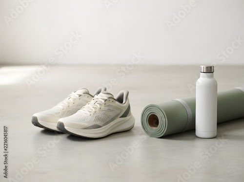 Running shoes yoga mat and water bottle arranged on plain background