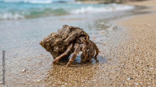 Hermit Crab with Shell on Sandy Beach Shoreline Near Ocean Waves