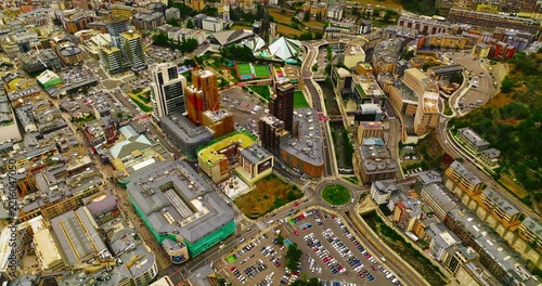 Aerial view of Andorra la Vella, the capital of the small state of Andorra, situated in the Pyrenees mountains in a picturesque mountain valley
