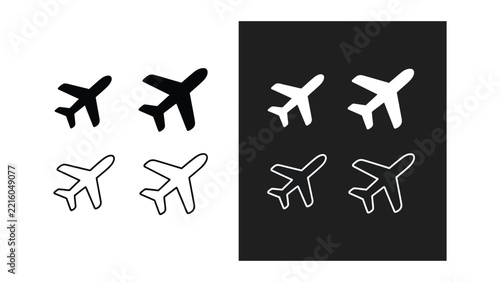 Collection of airplane icons in different colors and styles for use in design projects and presentations that show various aircraft silhouettes on contrasting backgrounds